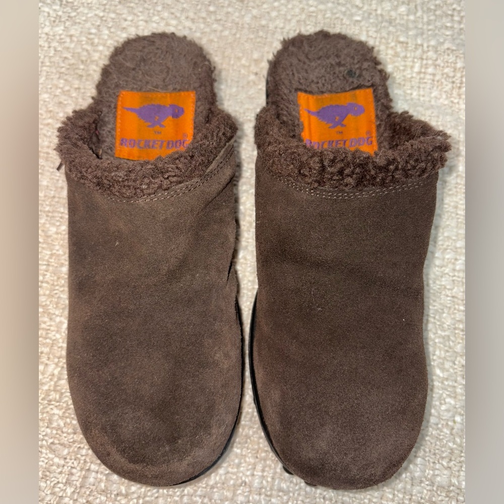 Rocket Dog Clogs Women Sz 8.5 Fur Lined Brown Suede Platform Chunky Mules